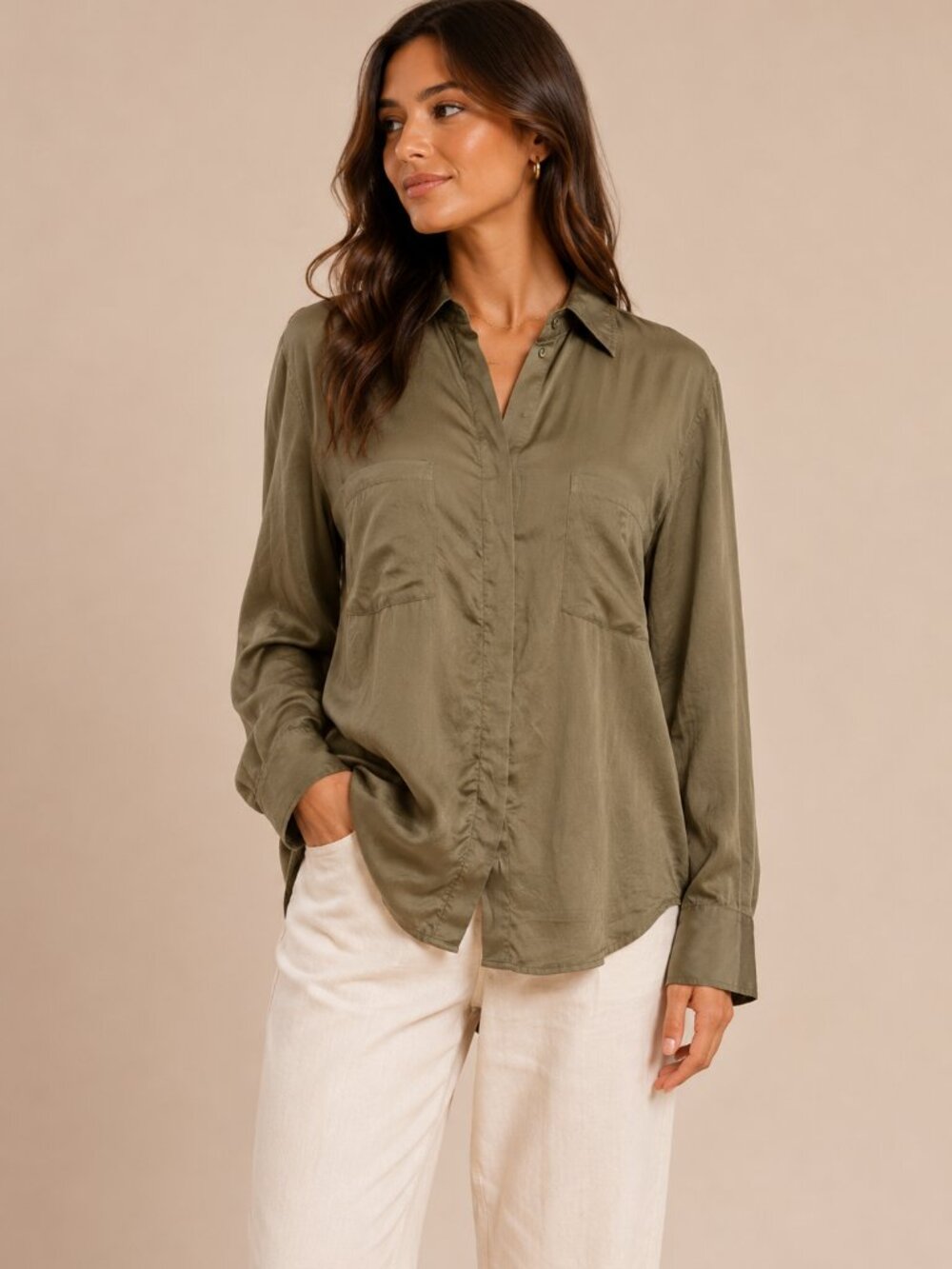 Chelsea Flower Silk Button Up Top Green Size Small
